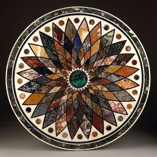 Important pietra dura marble table top, on a bronze and cast iron base