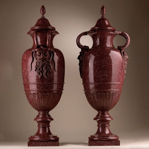 Important pair of large carved Egyptian Porphyry vases and covers